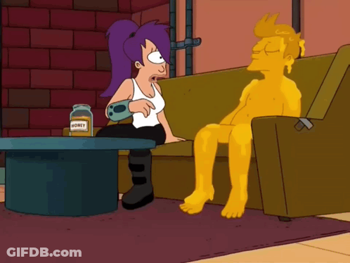 A Cartoon Character Sits On A Couch Next To A Woman And A Jar Of Honey GIF