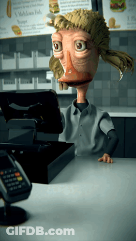 A Cartoon Character Sitting At A Counter In Front Of A Menu That Says ' Chicken Fish ' GIF