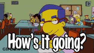 A Cartoon Character Sitting At A Desk With The Words How 'S It Going Written Below Him GIF