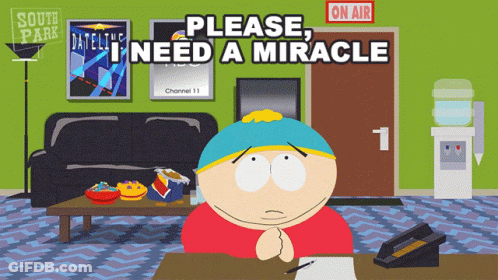 A Cartoon Character Sitting At A Desk With The Words Please I Need A Miracle GIF