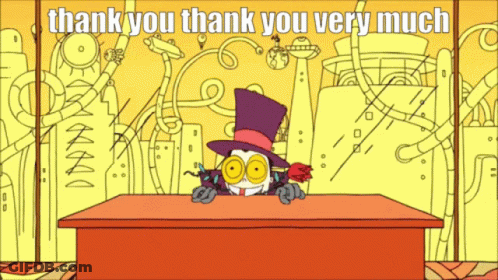 A Cartoon Character Sitting At A Desk With The Words Thank You Thank You Very Much On It GIF