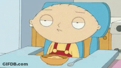 A Cartoon Character Sitting At A Table With A Bowl Of Cereal And A Gun . GIF
