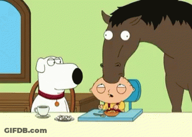 A Cartoon Character Sitting At A Table With A Horse Sticking Its Head Over It GIF