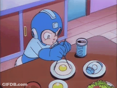 A Cartoon Character Sitting At A Table With Plates Of Food And A Can Of Soda . GIF