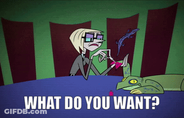 Cartoon Character Sitting At Table Asking What Do You Want GIF