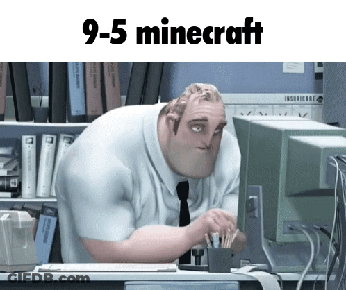 A Cartoon Character Sitting In Front Of A Computer With The Words " 9-5 Minecraft " On The Top GIF