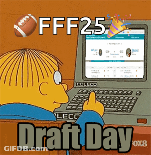 A Cartoon Character Sitting In Front Of A Computer With The Words Draft Day On The Bottom GIF