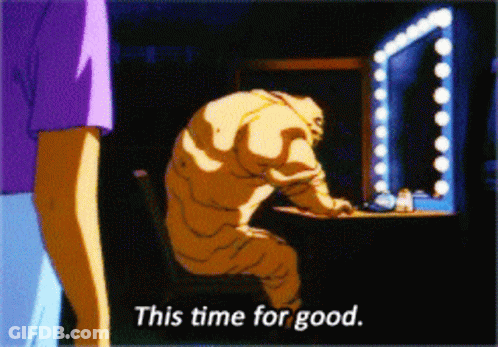 A Cartoon Character Sitting In Front Of A Mirror With The Words This Time For Good GIF