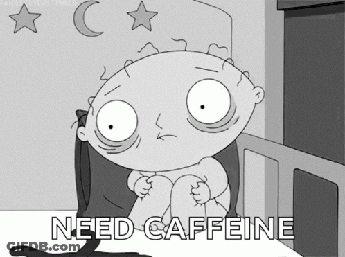 A Cartoon Character Sitting On A Bed With The Words Need Caffeine Written Below Him GIF