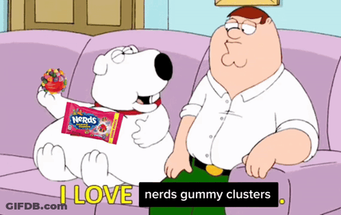 A Cartoon Character Sitting On A Couch Holding A Bag Of Nerds GIF