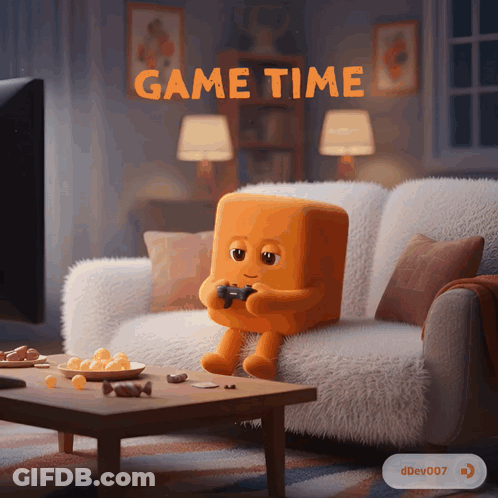 A Cartoon Character Sitting On A Couch Playing A Video Game With The Words Game Time Above Him GIF