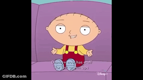 A Cartoon Character Sitting On A Couch With Disney + Now Has Stuff For Just Grown Ups GIF