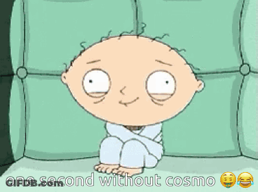 A Cartoon Character Sitting On A Couch With The Words One Second Without Cosmo GIF