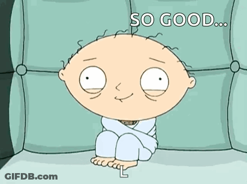 A Cartoon Character Sitting On A Couch With The Words So Good Written Above Him GIF