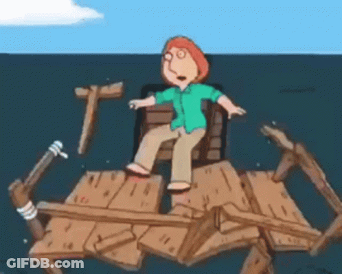 A Cartoon Character Sitting On A Raft In The Ocean GIF