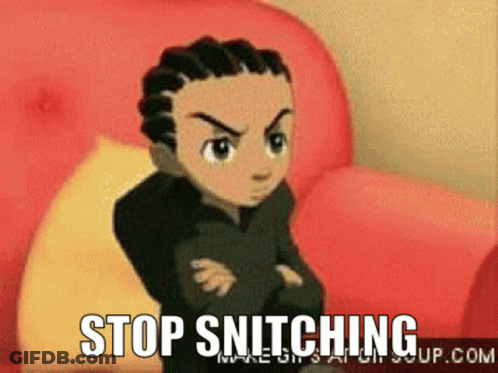 A Cartoon Character Sitting On A Red Couch With The Words Stop Snitching Written Below Him GIF