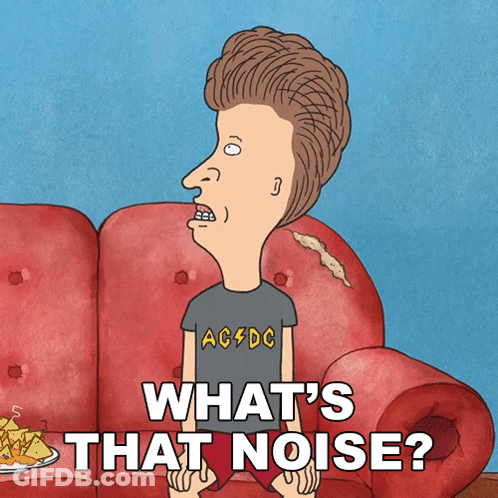 A Cartoon Character Sitting On A Red Couch With The Words " What 'S That Noise " GIF