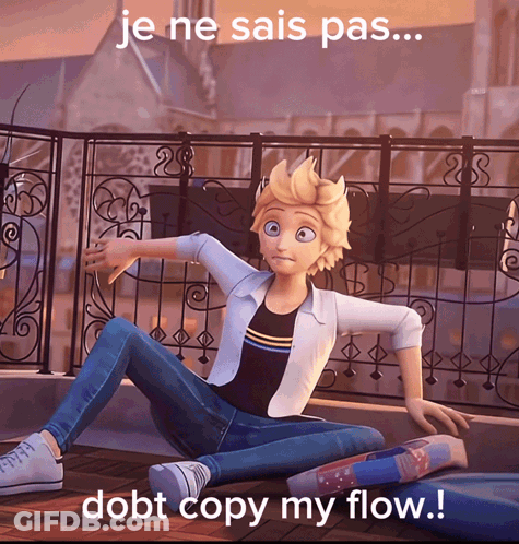 A Cartoon Character Sitting On The Ground With The Words Je Ne Sais Pas Debt Copy My Flow Below Him GIF