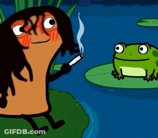 A Cartoon Character Smoking A Cigarette Next To A Green Frog GIF