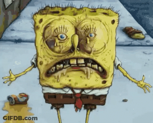 A Cartoon Character , Spongebob Squarepants , Is Standing On A Sidewalk With A Can Of Soda . GIF