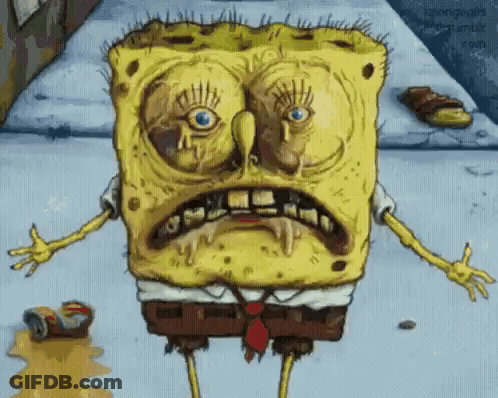 A Cartoon Character , Spongebob Squarepants , Is Standing On A Sidewalk With A Very Ugly Face . GIF