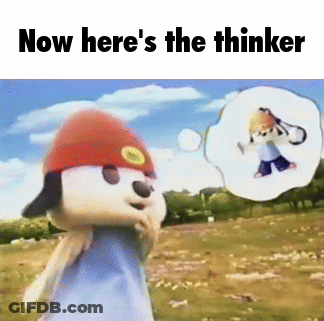A Cartoon Character Standing In A Field With A Thought Bubble That Says Now Here 'S The Thinker GIF