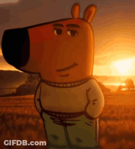 A Cartoon Character Standing In A Field With The Sun Setting In The Background GIF
