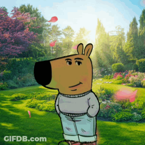 A Cartoon Character Standing In A Garden With Flowers Flying In The Background GIF