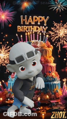 A Cartoon Character Standing In Front Of A Birthday Cake With The Words Happy Birthday Written On It GIF