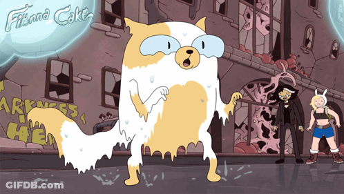 A Cartoon Character Standing In Front Of A Building That Says Finna Cake On It GIF