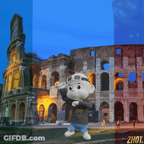 A Cartoon Character Standing In Front Of A Building That Says ' Zhut ' On It GIF