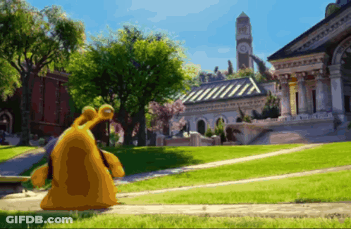 A Cartoon Character Standing In Front Of A Building With A Clock Tower In The Background GIF