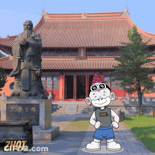 A Cartoon Character Standing In Front Of A Building With The Word Zhou On The Bottom GIF