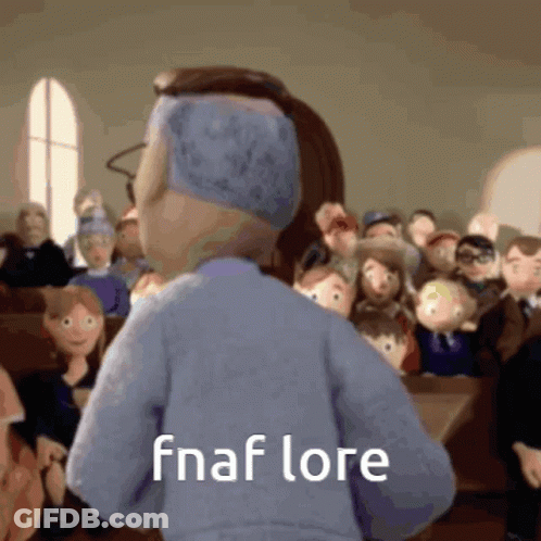 A Cartoon Character Standing In Front Of A Crowd With The Words Fnaf Lore Written On His Back GIF
