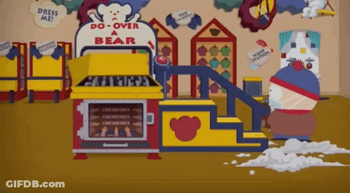 A Cartoon Character Standing In Front Of A Do Over A Bear Machine GIF