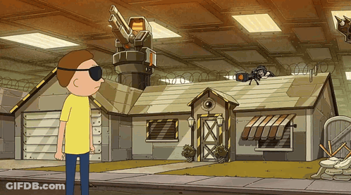 A Cartoon Character Standing In Front Of A House GIF
