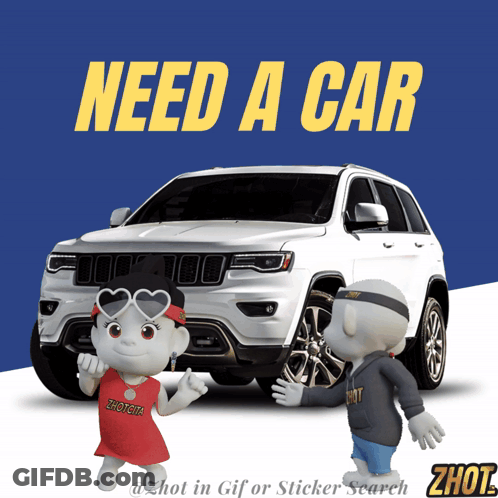 A Cartoon Character Standing In Front Of A Jeep That Says " Need A Car " GIF