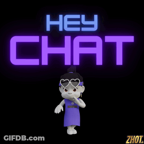 A Cartoon Character Standing In Front Of A Neon Sign That Says Hey Chat GIF