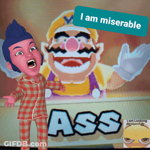 A Cartoon Character Standing In Front Of A Screen That Says " Ass " GIF