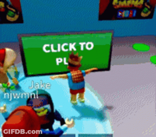A Cartoon Character Standing In Front Of A Screen That Says Click To Play GIF