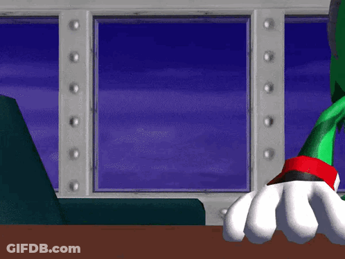 A Cartoon Character Standing In Front Of A Window With A Blue Sky In The Background GIF