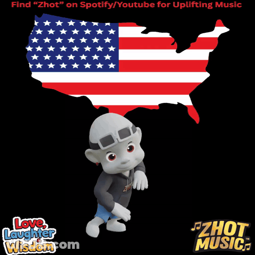 A Cartoon Character Standing In Front Of An American Flag With The Words Love Laughter Wisdom Below Him GIF