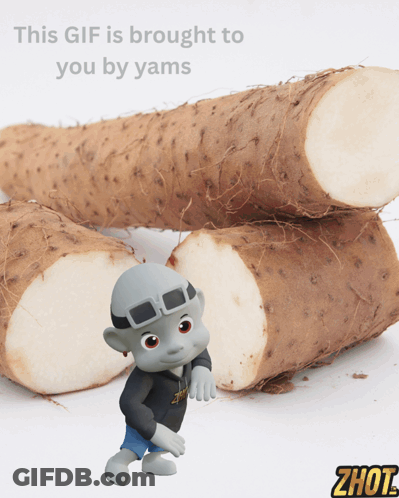 A Cartoon Character Standing In Front Of Yams With The Words This Gif Is Brought To You By Yams Behind Him GIF