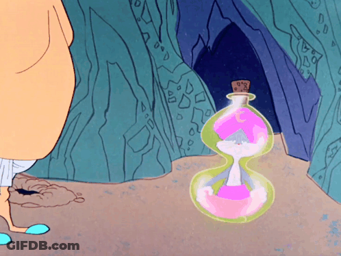 A Cartoon Character Standing Next To A Bottle With A Pink Liquid Inside GIF