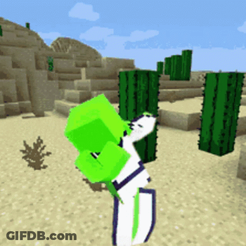 A Cartoon Character Standing Next To A Cactus In A Desert GIF