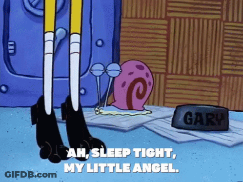 A Cartoon Character Standing Next To A Dog Bowl That Says Gary GIF