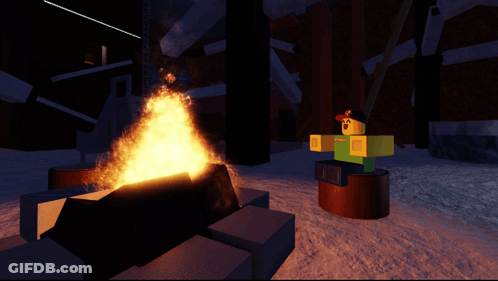 A Cartoon Character Standing Next To A Fire In The Snow GIF