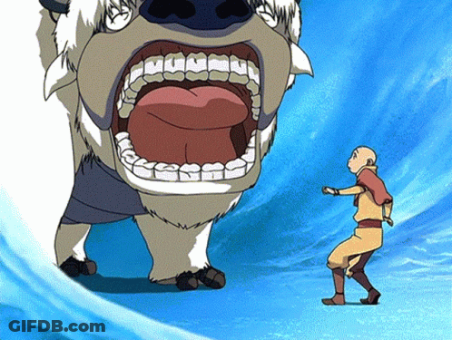 A Cartoon Character Standing Next To A Large Animal With Its Mouth Wide Open GIF