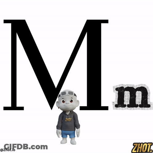 A Cartoon Character Standing Next To A Letter M GIF