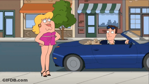 A Cartoon Character Standing Next To A Man In A Car GIF